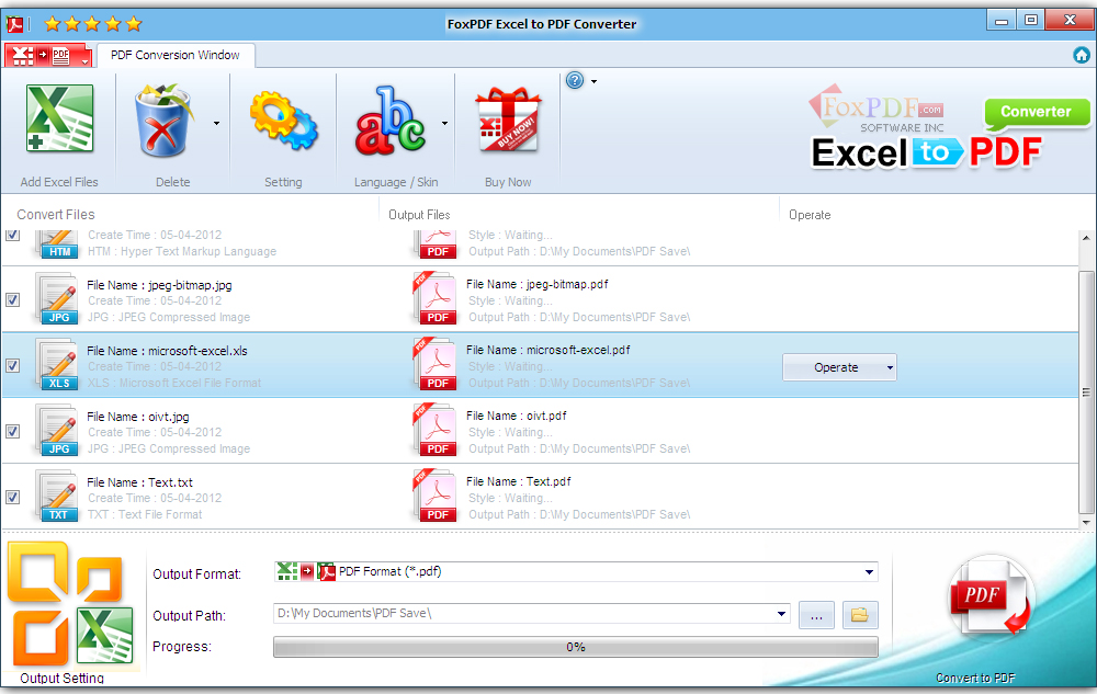 Screenshot of FoxPDF Excel to PDF Converter