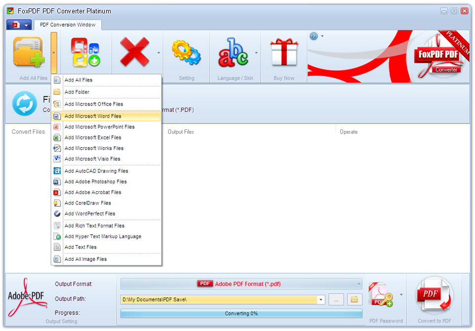 Screenshot of FoxPDF PDF Converter Platinum 5.0