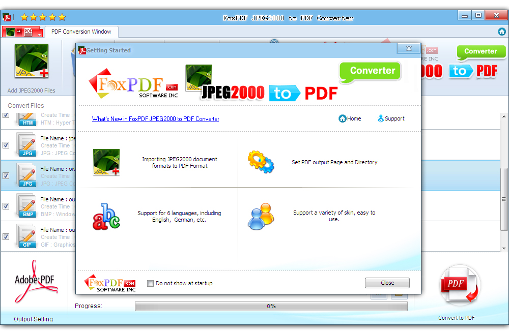 Screenshot of FoxPDF JPEG2000 to PDF Converter