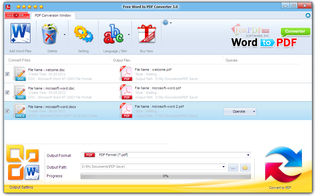 Screenshot of Free Word to PDF Converter 3.0